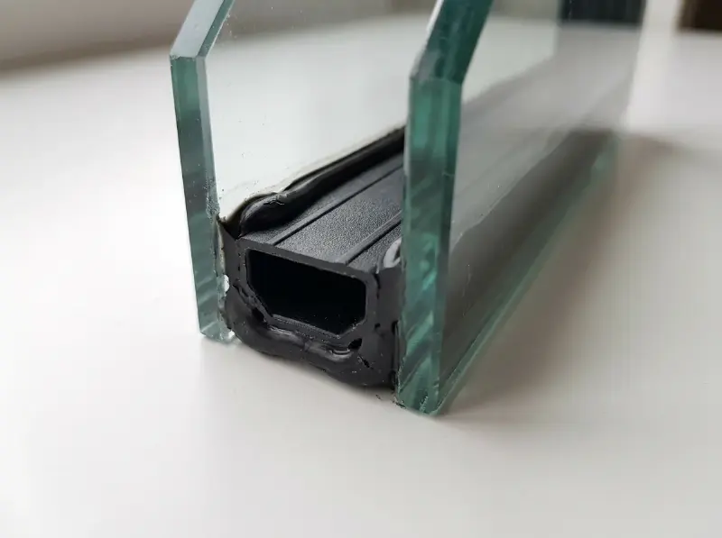Doorsnede van een dubbelglaseenheid met twee glasbladen, warme afstandhouder en butylkit