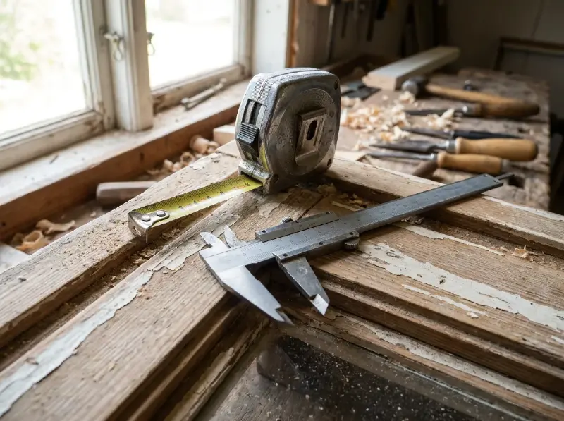Rolmeter en schuifmaat op de sponning van een houten raam waarvan de glaslatten zijn weggenomen