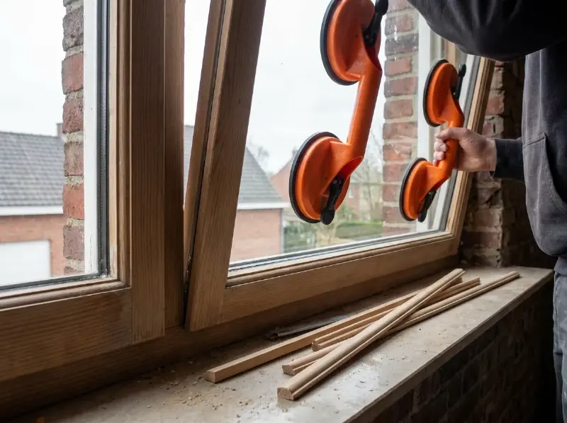 Nieuwe dubbelglasruit op zuignappen die in de sponning van een houten raam wordt gezet, glaslatten klaar op de vensterbank
